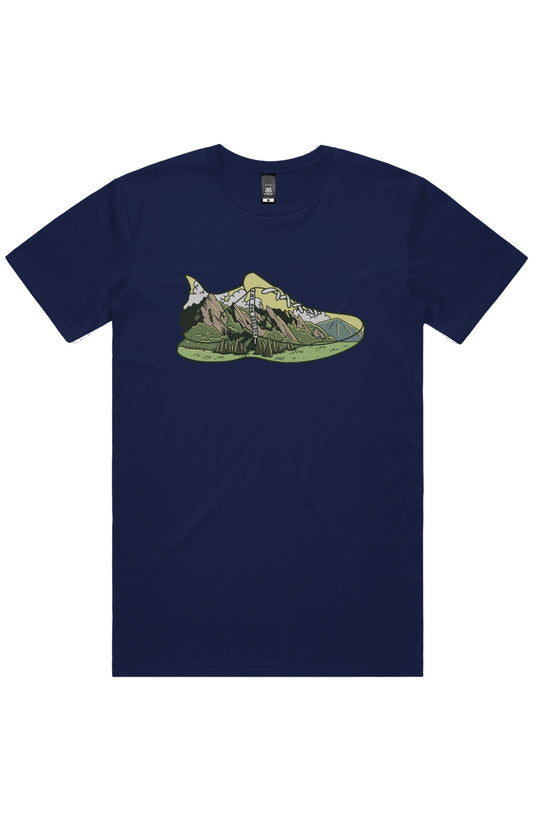 Runner wearing Soulprint Summit Tee on Flatirons trail, Boulder Colorado